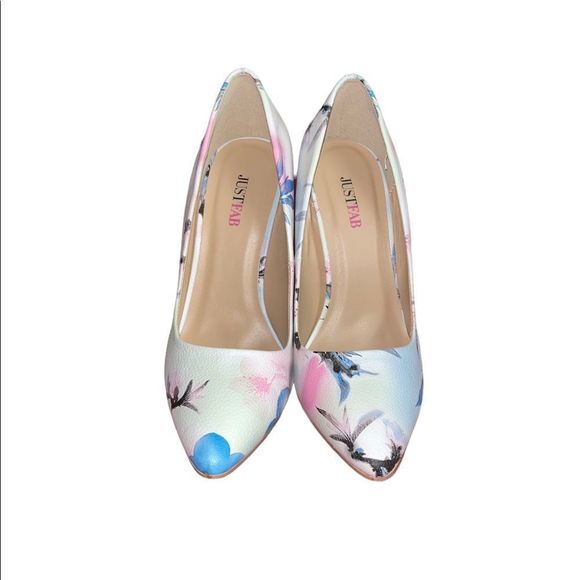 𝅺justfab Mickey heels with floral watercolor print design on white background - Picture 2 of 11